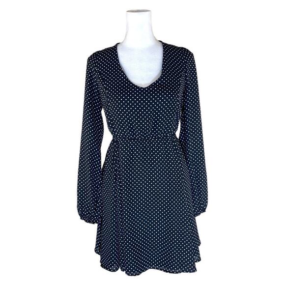 Forever 21 Mini Dress Size M Polka Dot Longsleeve Fit n Flare Open Back Black - Picture 2 of 16